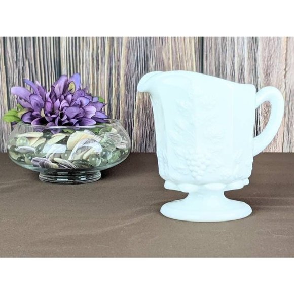 Vtg MCM White Opaque Milk Glass Creamer Juice Pitcher Westmoreland Grape Leaves - Picture 1 of 8